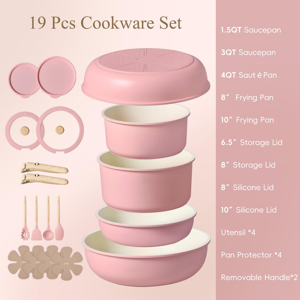 CAROTE 19-Piece Nonstick Cookware Set — Pink
